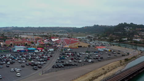 Bird's-Eye-View-Of-Del-Mar-Fair-With-Carnival-In-San-Diego-County,-California---aerial-drone-shot