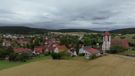 aerial footage of german chapel in rural area