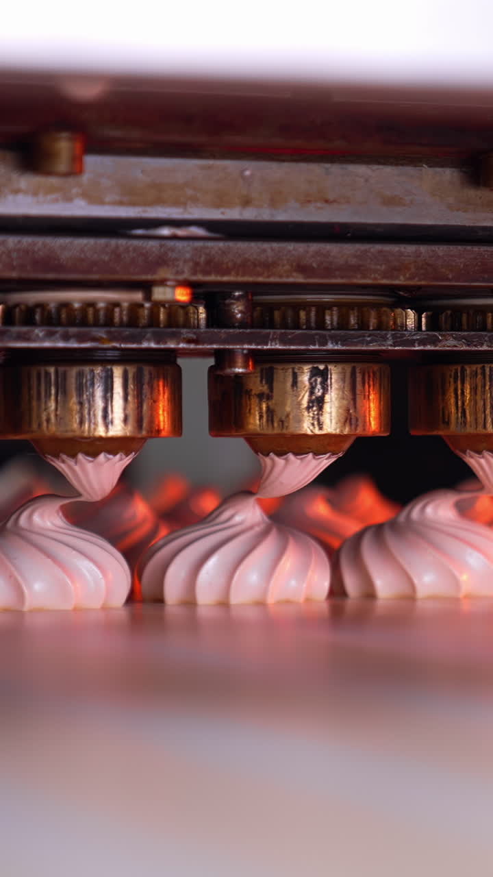The process of laying marshmallows on the conductor. Pink marshmallows being squeezed from the depositor nozzles. Close up. Vertical video