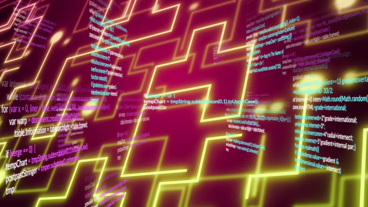 Programming code overlay on red background with neon yellow geometric patterns