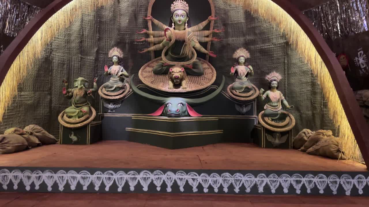 View of the artistic Durga goddess idol at a puja pandal in Kolkata