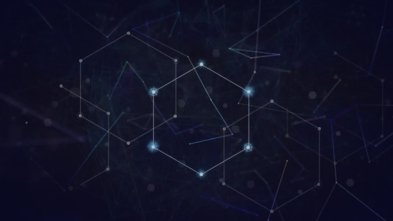 animação de redes de conexões e formas com pontos brilhantes em fundo preto.