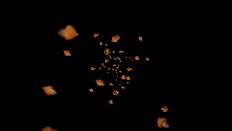 volando muchas bellotas de otoño en fondo negro. símbolo de la caída, nueces de roble, regalos de la caída. animación 3d de semillas de bellota girando. animación de bucle.