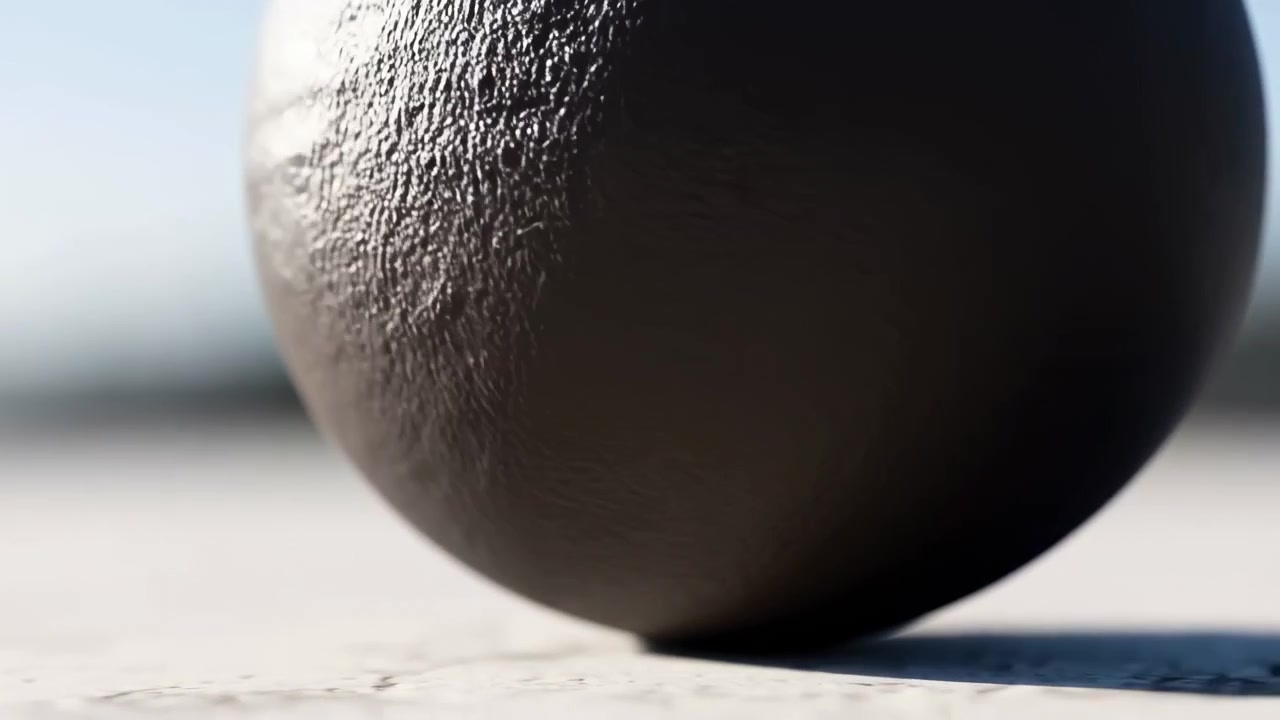 Grande oggetto sferico scuro in primo piano su una superficie chiara e piatta, con il bordo inferiore che tocca il piano del terreno, un'ombra a mezzaluna compatta sotto, forte luce laterale, sfondo sfocato e un'atmosfera da studio pulita e astratta.