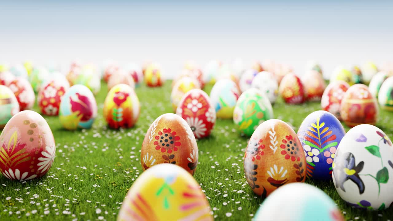 Colorful Decorated Easter Eggs Scattered on Green Grass