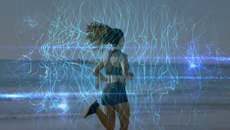 animación de líneas azules sobre mujer caucásica corriendo en la playa