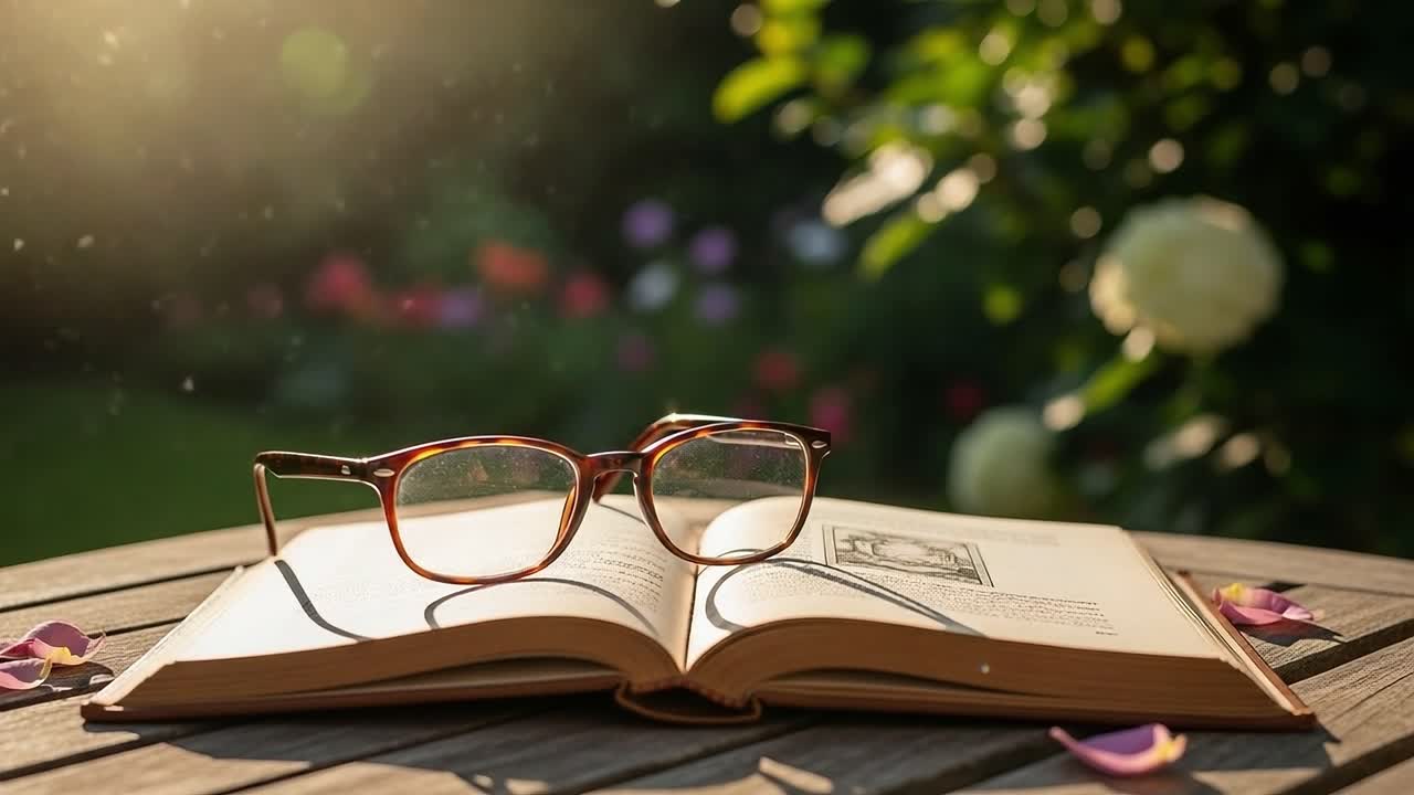 A tranquil moment captured in nature, featuring an open book with glasses resting on its pages, bathed in warm sunlight amidst a vibrant garden backdrop