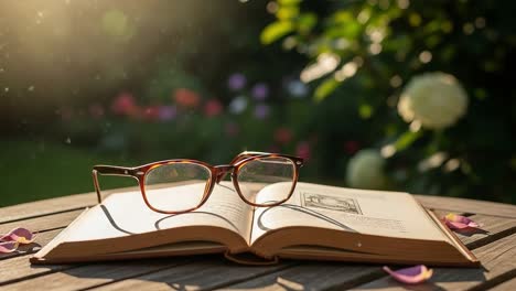 a tranquil moment captured in nature, featuring an open book with glasses resting on its pages, bathed in warm sunlight amidst a vibrant garden backdrop