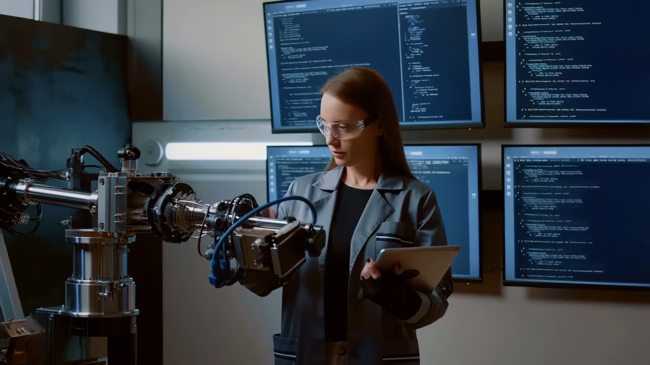 Woman Engineer Working with Robotic Arm in a High-Tech Lab