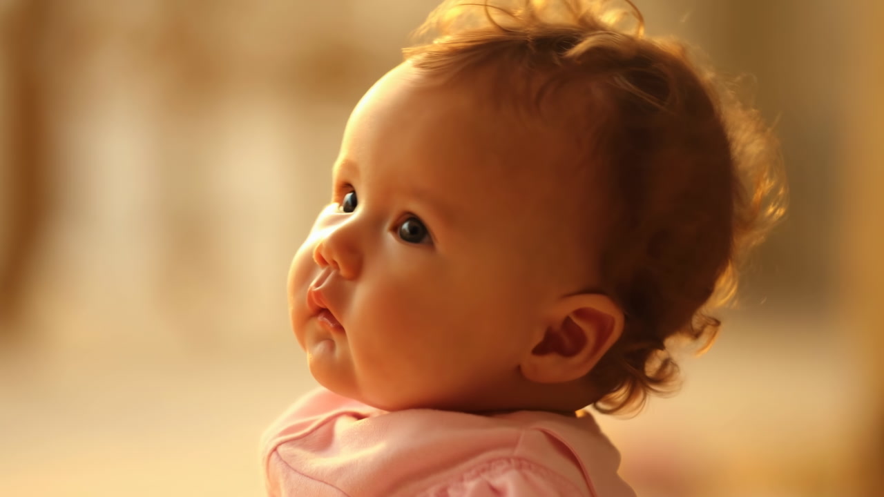 Baby Profile In Warm Golden Light, Curlyhaired Infant Gazing Sideways With Soft Bokeh Background Pink Outfit