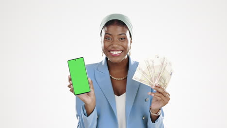 Phone,-euro-and-green-screen-with-a-black-woman