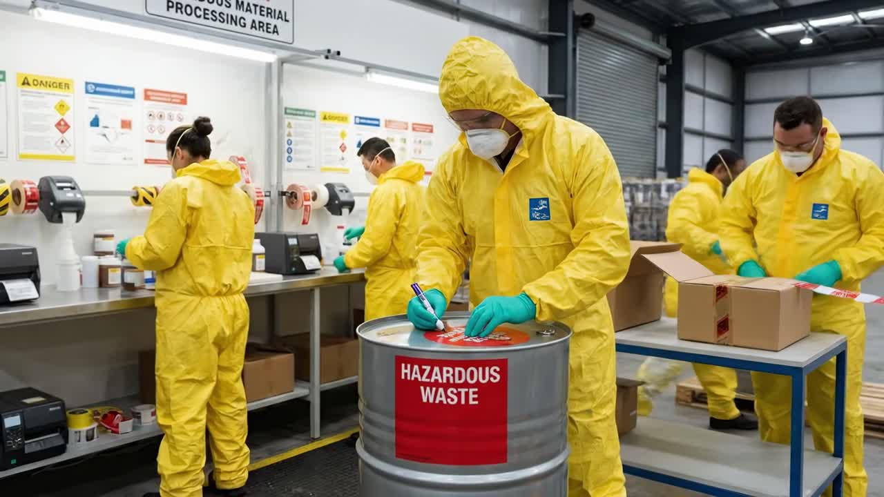 Operai in tute Hazmat che gestiscono rifiuti pericolosi in un impianto industriale