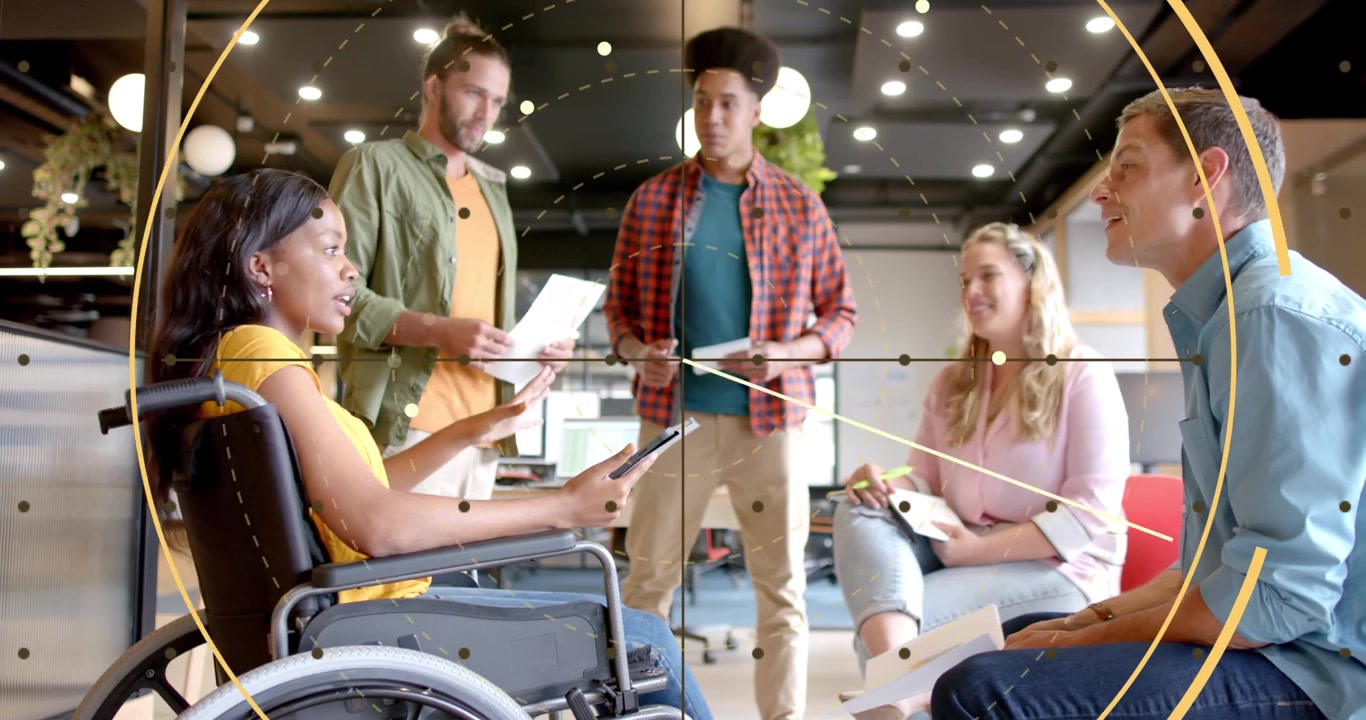 Woman in wheelchair tapping tablet, opening HUD circle highlighting data, business team planning