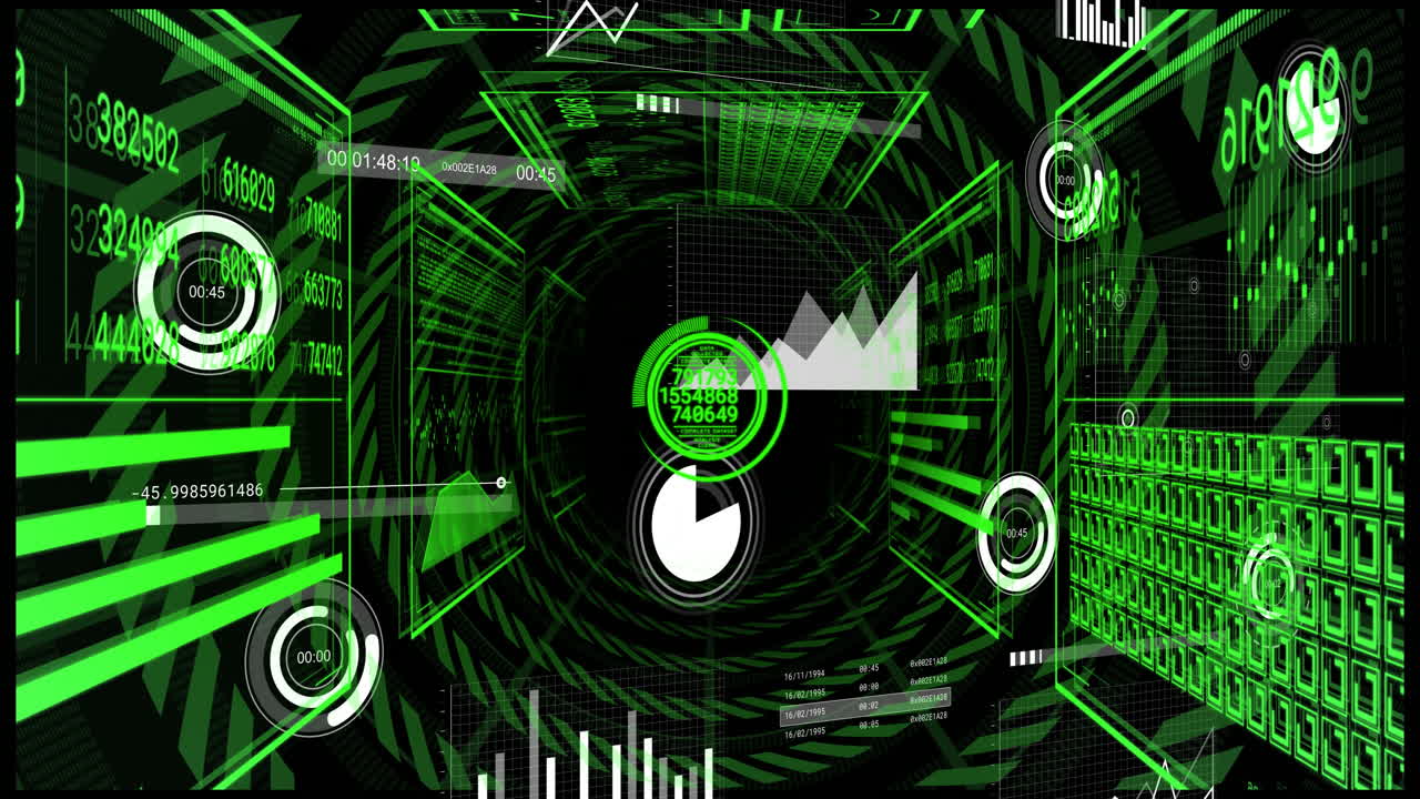 Animation of futuristic green data visualizations and graphs in tunnel design
