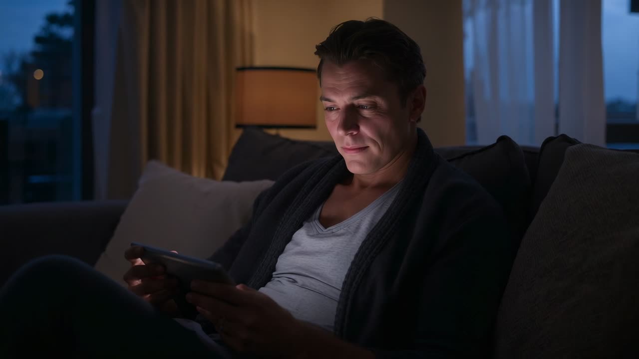 Glødende nettbrett, mann i morgenkåpe holder nettbrett på sofaen i skumringen, smiler mens han ser innhold