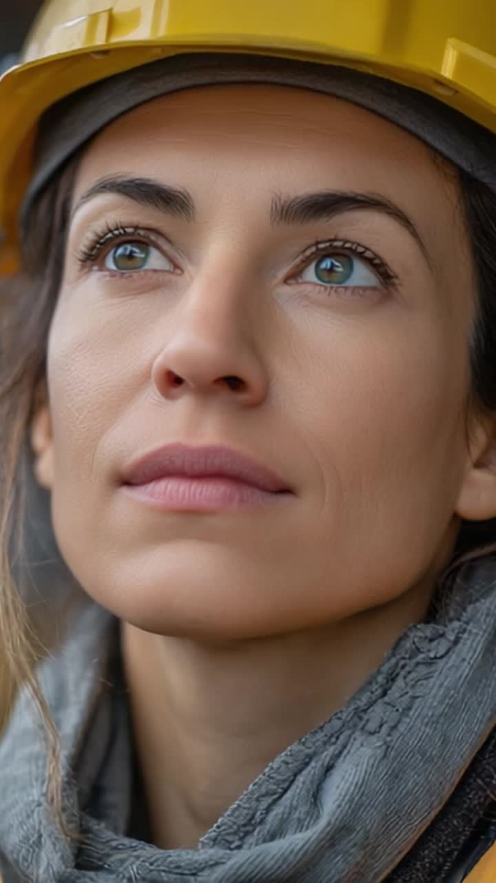 A focused construction worker, wearing a yellow hard hat and looking upwards with determination, showcases the spirit of dedication and professionalism in the industry