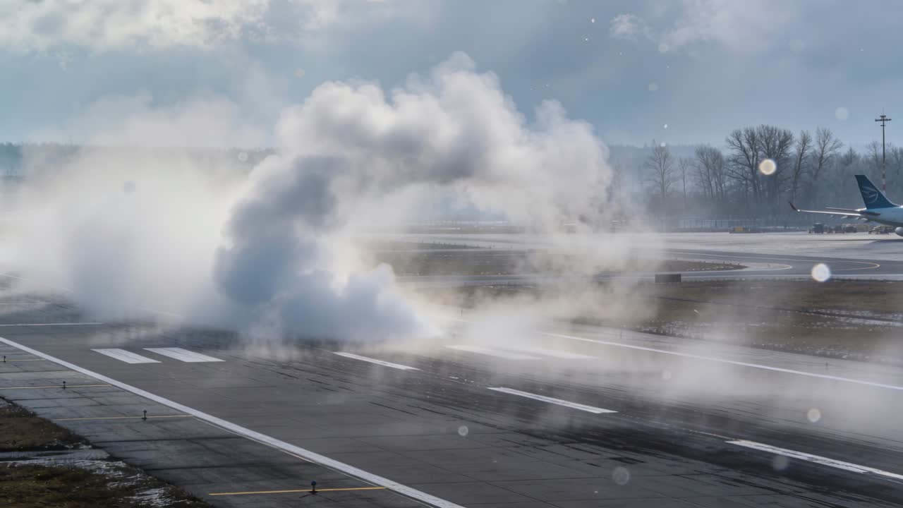 En tæt dampring danner sig fra koldt fortov, udvider sig over landingsbanens markeringer og passerer en parkeret flyhale.