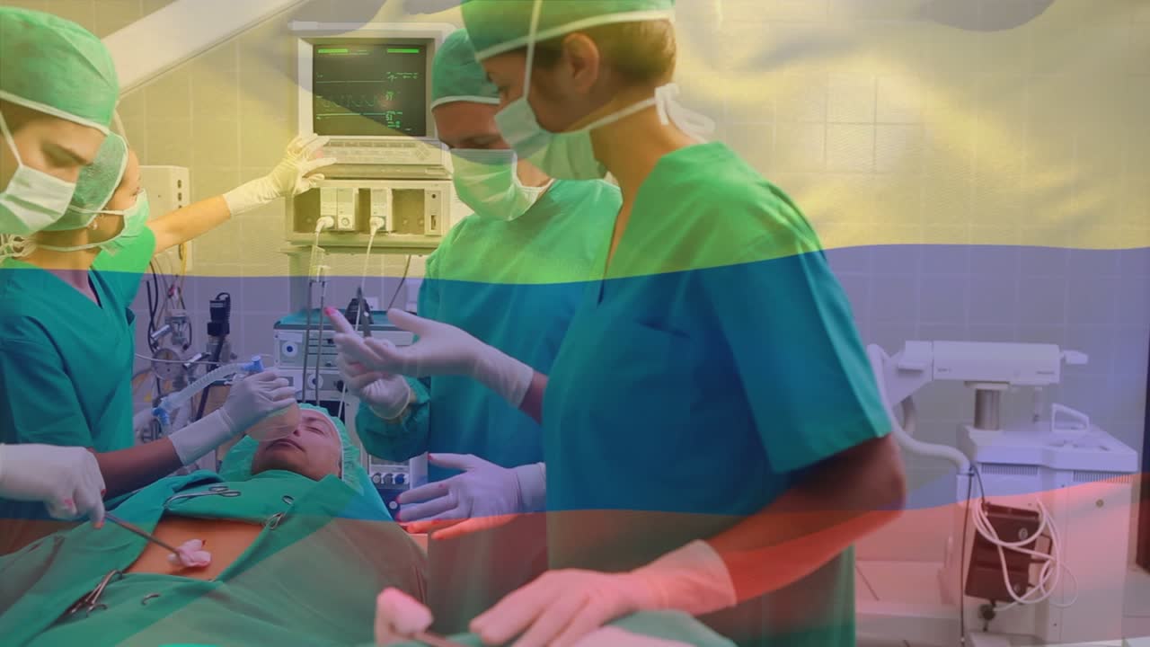 Yüz maskeli çeşitli cerrahların üzerinde Kolombiya bayrağı animasyonu