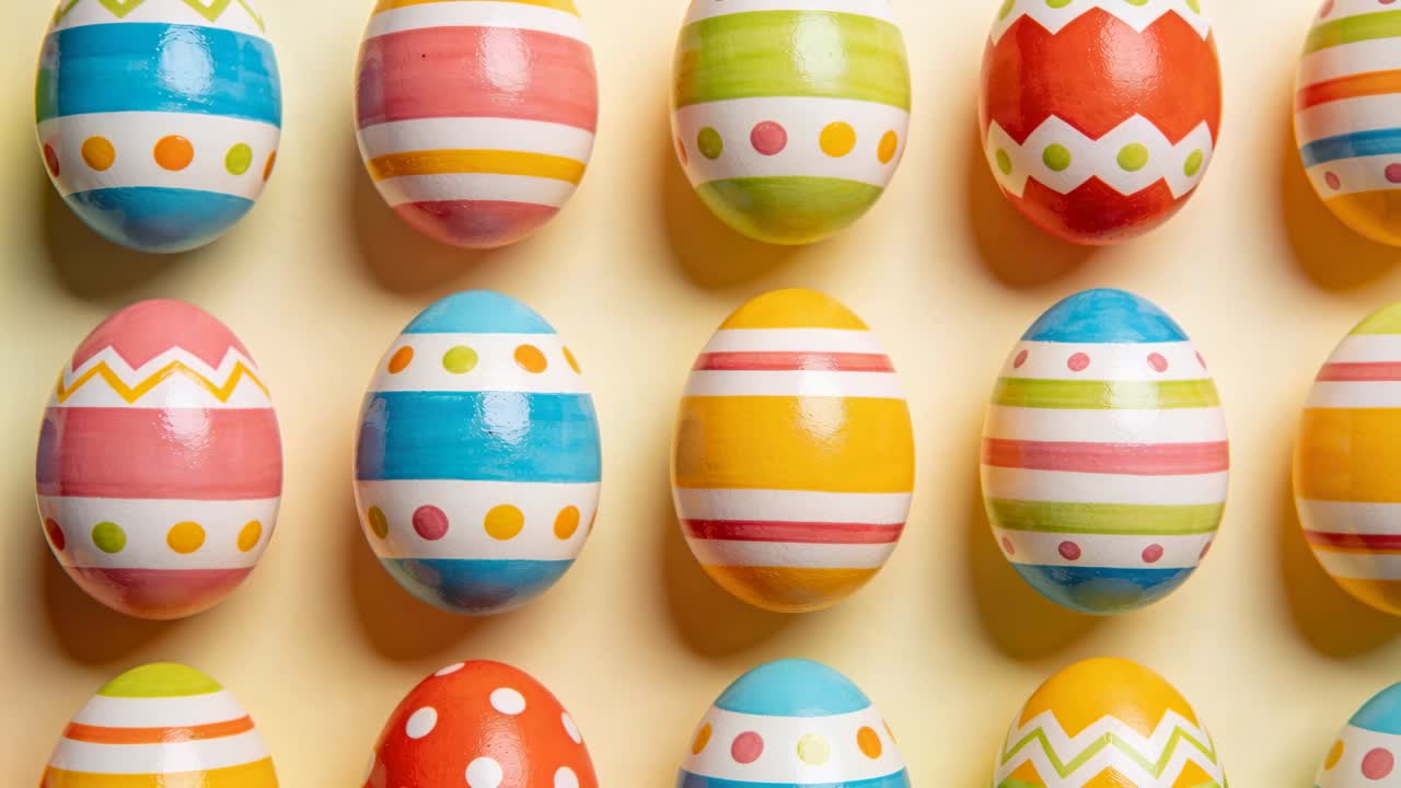 Panning camera capturing dense grid of painted eggs on pale yellow tabletop for product display