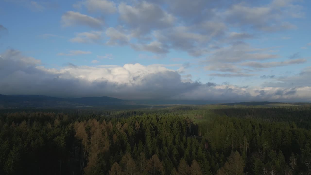 Aerial shot of a quiet forest landscape under partly cloudy sky