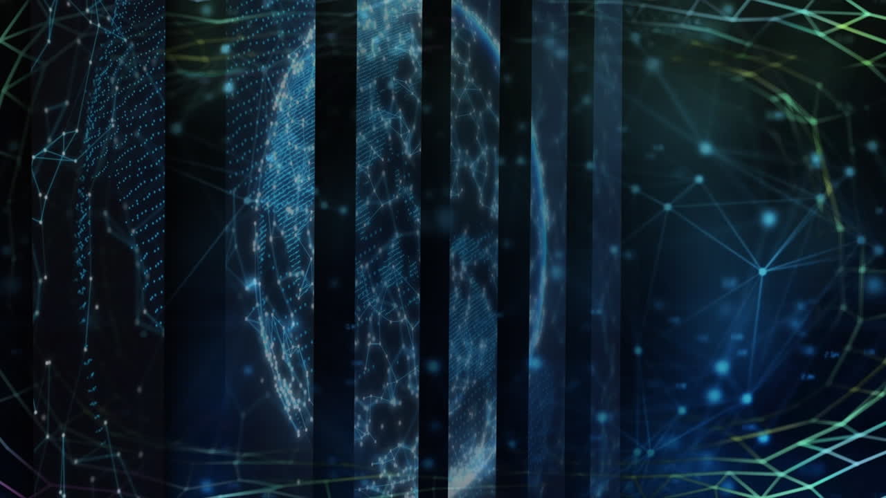 Animation of moving shapes and globe on black background