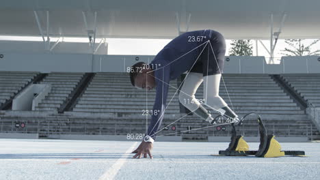 network of connections and an athlete with prosthetic legs in starting blocks beginning a race