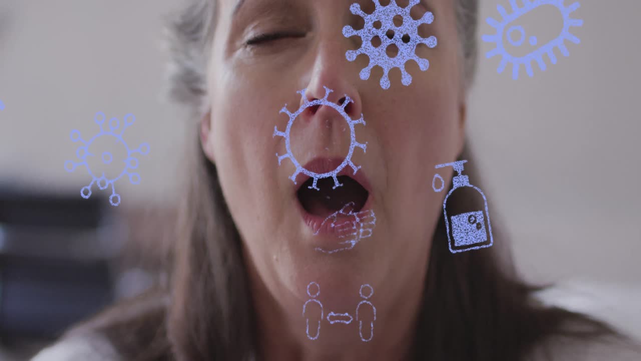 animación de iconos de la pandemia sobre una mujer caucásica estornudando