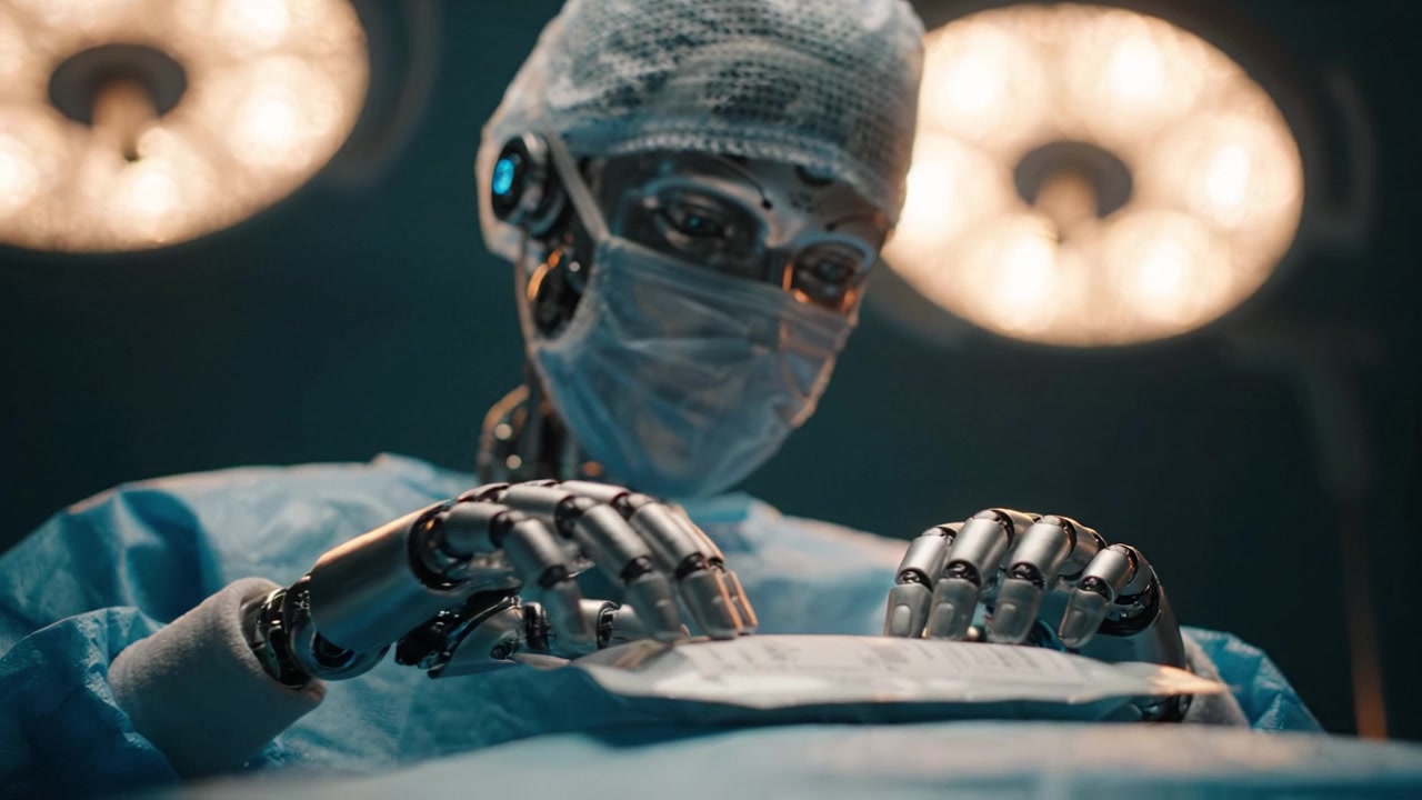 Robotický chirurg zkoumající chirurgické potřeby pod jasnými světly operačního sálu s přesností a péčí v pokročilém zdravotnickém prostředí