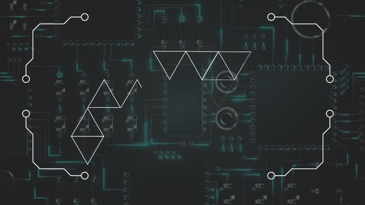 triángulos digitales que se mueven contra un fondo de placa de circuito impreso