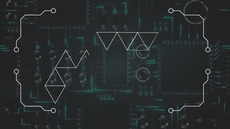 Digital triangles moving against a printed circuit board background
