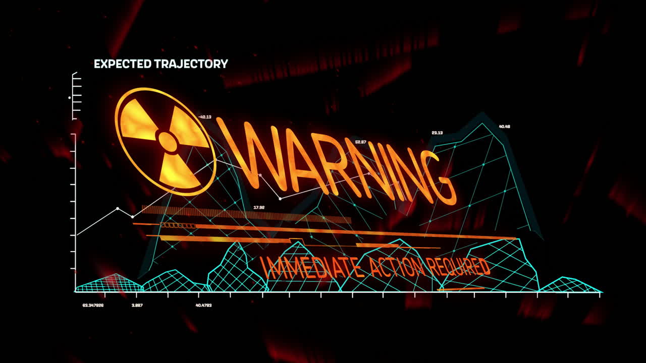 Radiation warning sign with urgent message over data graphs in animation