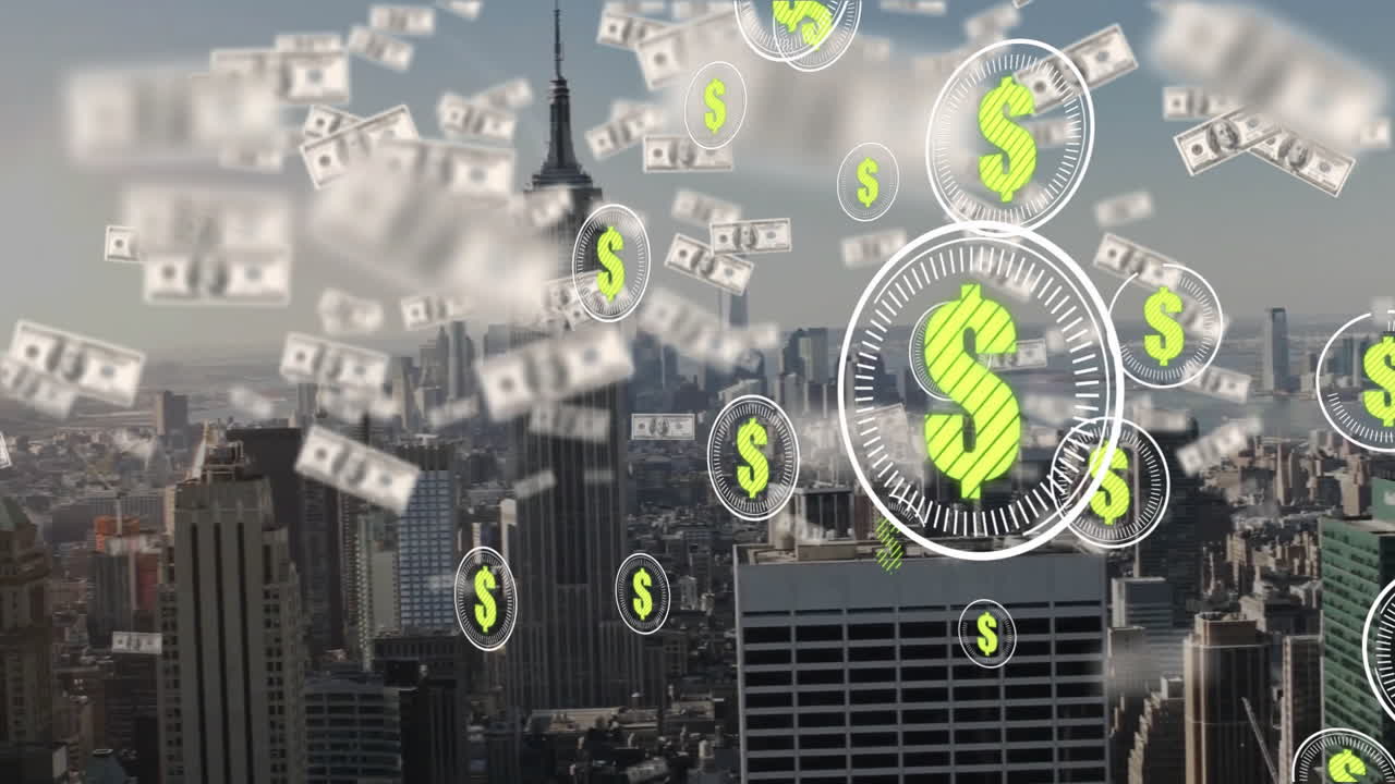 Dollar signs and flying money animation over cityscape with skyscrapers