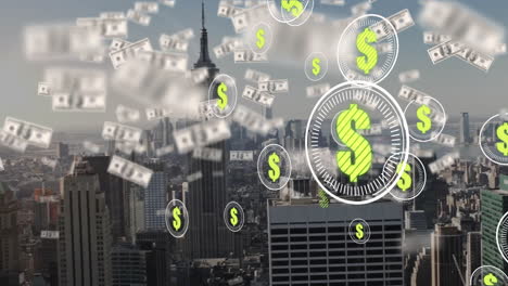 dollar signs and flying money animation over cityscape with skyscrapers