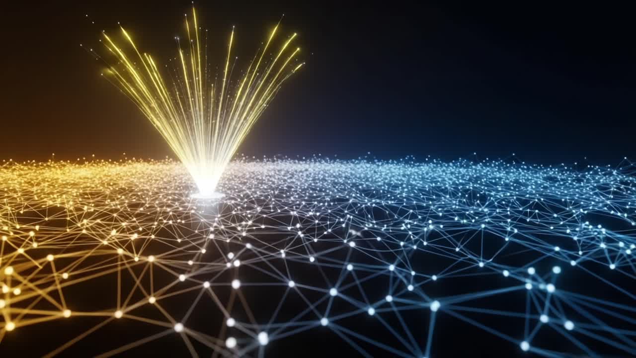 Dynamic Explosion of Light and Connectivity in a Network Visualization: Bright Streams Emanate from a Central Point, Creating a Mesmerizing Display of Data Interaction