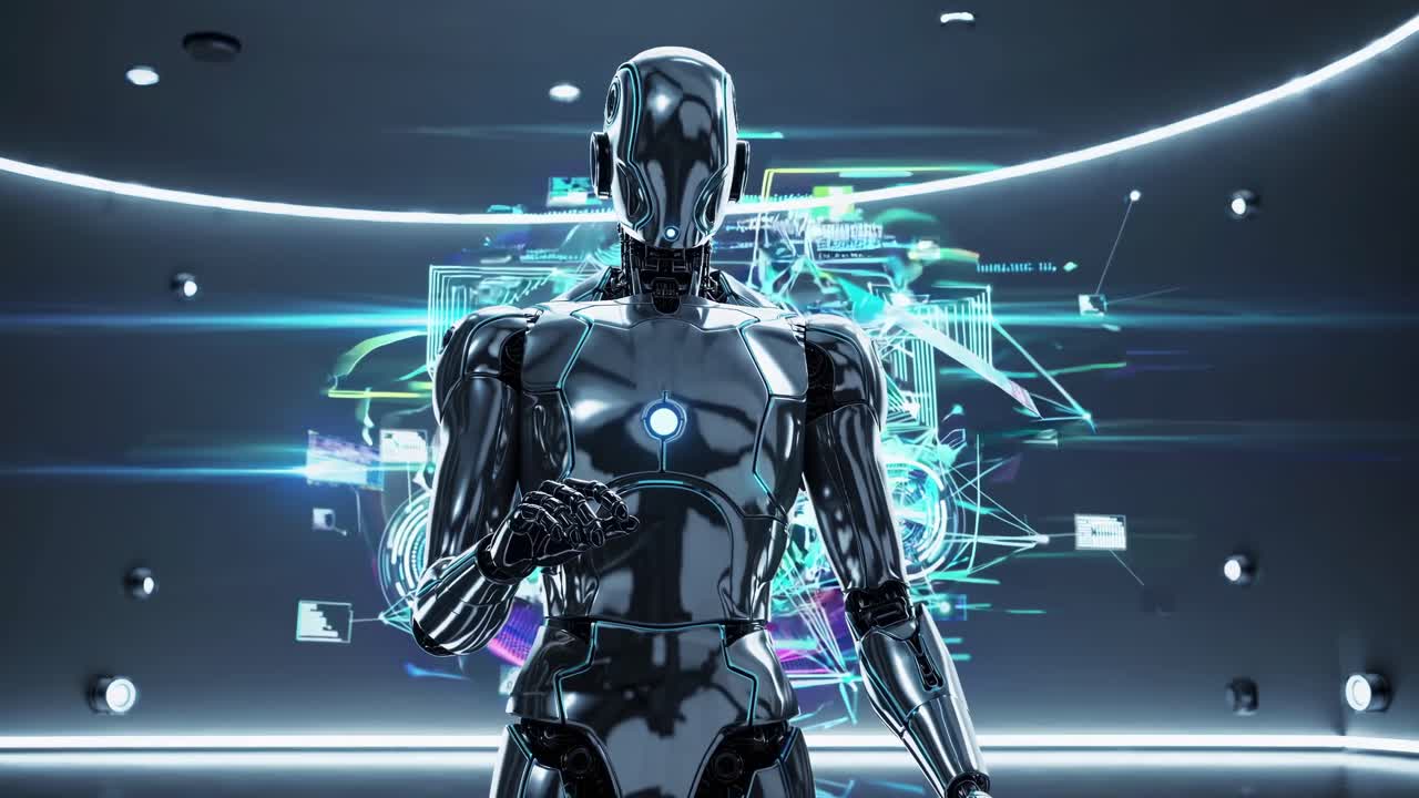 Futuristic robot in a sleek, high-tech environment, captured from a low-angle shot, with digital