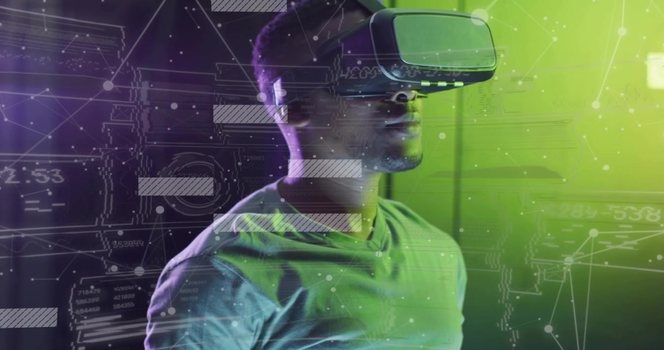 Man donning VR headset after clear data bars appearing, tilting head while tracking tech simulation