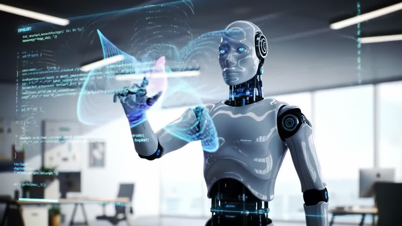 A humanoid robot engages with a holographic display in a modern office. The robot's movements are fluid, showcasing its ability to process and respond to data in real time.