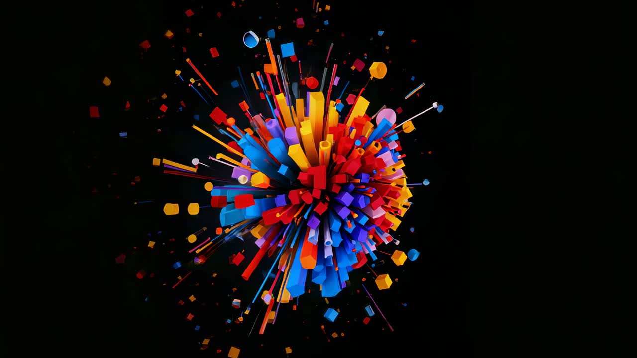 Appearing dense spherical cluster rotating in black void, pulsating colored shapes revealing facets