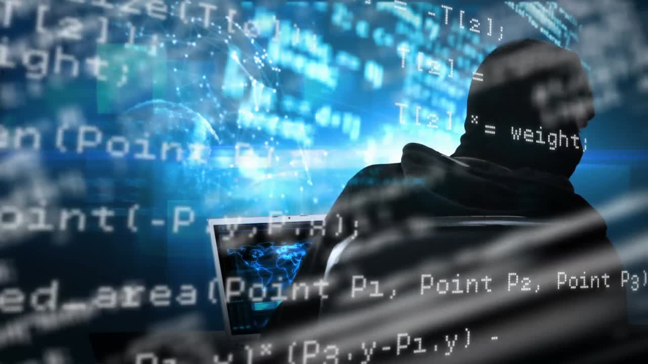 Animation of interface with data and information and hooded hacker using laptop in server room