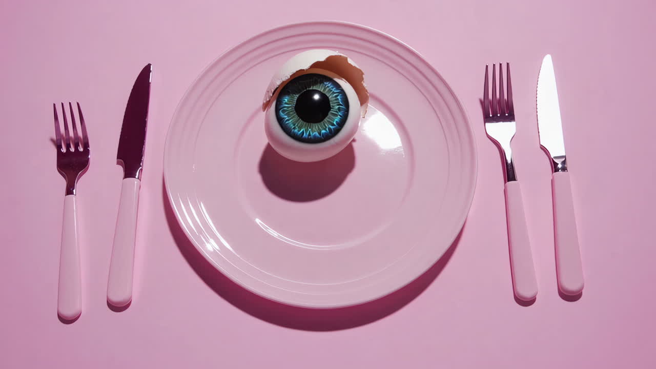 Surreal Eyeball in a Cracked Egg on a Pink Plate