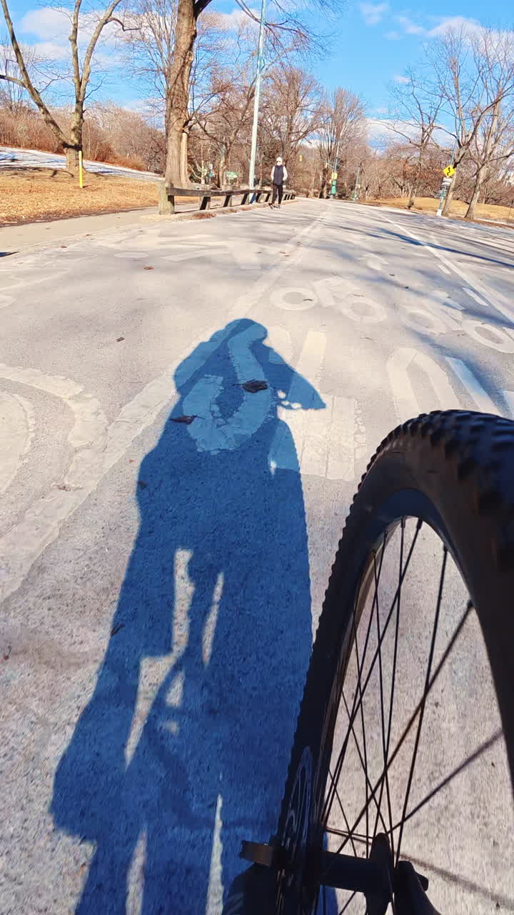 Ombra di un ciclista su strada a Central Park. Ombra di un ciclista che percorre una strada tranquilla a Central Park in una giornata di sole