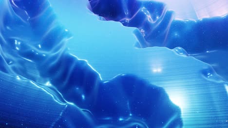 fantastical festive blue bg. Stylish abstract looped background, waves move on glossy surface like landscape made of liquid blue wax with sparkles. Beautiful soft background with smooth animation 4k