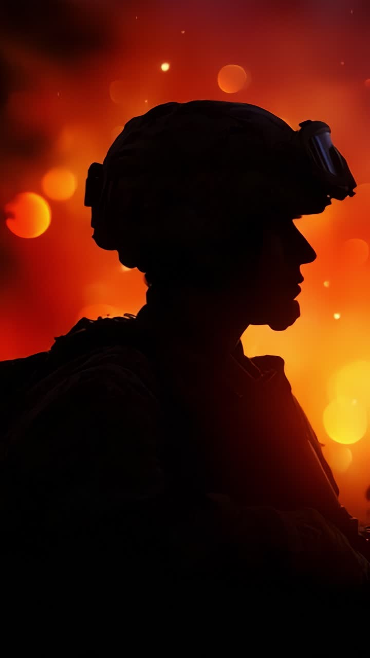 A soldier stands silhouetted against a vibrant backdrop of orange and yellow flames, symbolizing courage and resilience amidst an intense environment