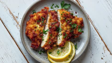 breaded chicken schnitzel with lemon wedges