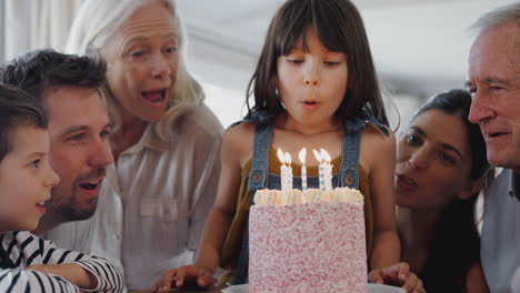 família de várias gerações comemorando aniversário com a neta em casa enquanto ela apaga velas