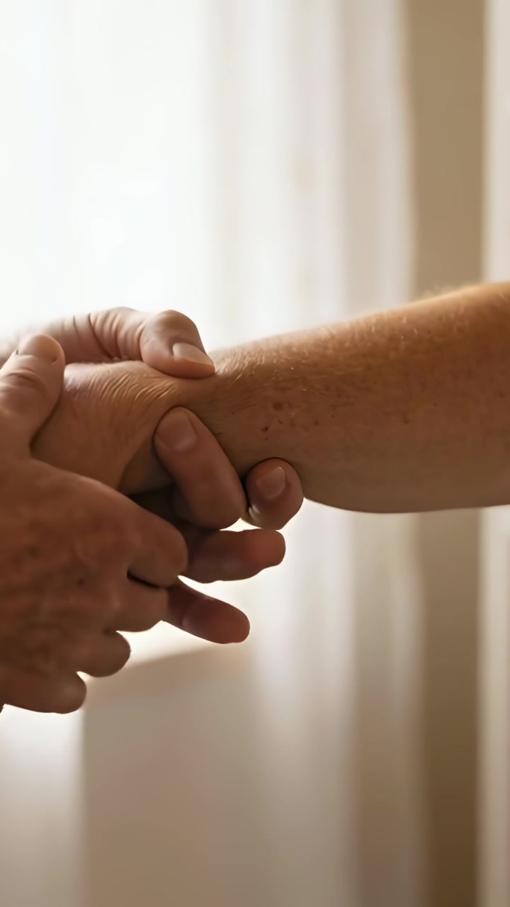 Vertical video: Reaching to check pulse, caregiver pressing wrist and holding forearm at home, ring