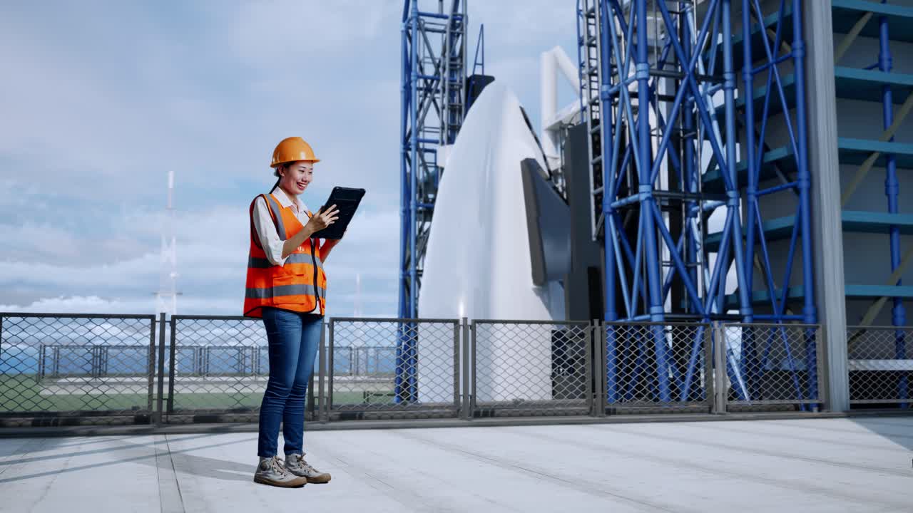 vista lateral completa del cuerpo de una ingeniera asiática con casco de seguridad trabajando en una tableta mientras está de pie con el transbordador espacial
