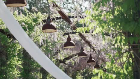 white fabric below beautiful archway for an outdoor wedding ceremony - low angle shot