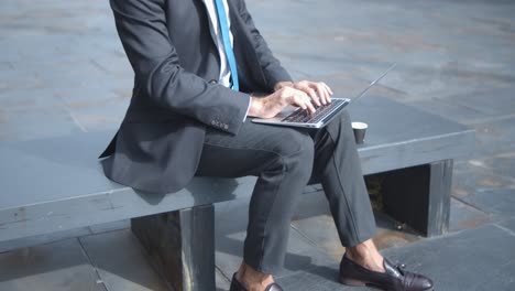 focused bald businessman typing on laptop while sitting on bench with takeaway coffee cup