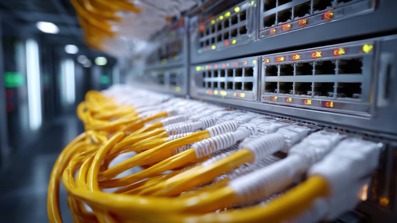 Close-up View of Network Switches with Ethernet Cables Highlighting Connectivity and Data Transmission in a Modern Data Center Environment